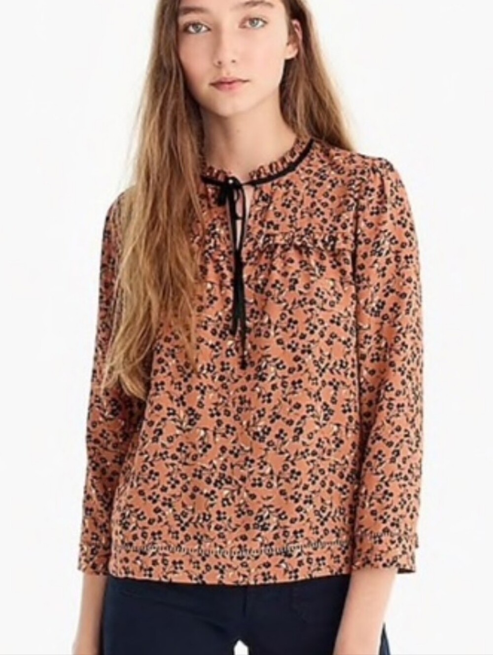 J.crew Point Sur Brown Blacl Floral Silk Longsleeve Blouse Size XXL